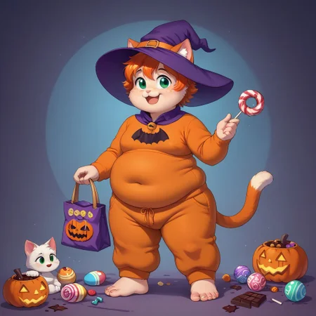 score_9, score_8_up, score_7_up, source_anime, candy everywhere, eating chocolate, white skin, standing in a pile of candy, full of candy, floating candy, magic, holding a bag of candy, freckles, cat ears, cat tail, cat paws, orage fur, furry anthro, halloween candy, trick or treat, easter chocolate, 1girl, covered in chocolate, wearing witch costume, wearing purple sweatpants, witch hat, fat thights, barefoot, soles, face covered in chocolate, fat, belly overhang, happy mood, happy expression, smile, ginger hair, fat arms, fat legs, double chin, green eyes, fat chest, messy hair, tired, halloween theme, chibfurri, five toes, cub.