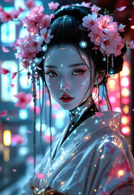 A haunting, ethereal portrait of a cybernetic geisha, her face a mesmerizing blend of porcelain skin and iridescent circuitry. Her elaborate headdress is adorned with bioluminescent flowers and delicate, glowing wires that pulse with an otherworldly energy. Her kimono, a masterpiece of futuristic design, shimmers with holographic patterns that shift and change, revealing glimpses of the complex machinery beneath. Her eyes, a striking mix of human emotion and artificial intelligence, gaze directly at the viewer with an enigmatic expression. The background is a surreal fusion of traditional Japanese architecture and a neon-lit cyberpunk cityscape, with cherry blossom petals floating through the air, leaving trails of digital particles. The scene is bathed in a soft, dreamy light that emphasizes the contrast between organic beauty and technological enhancement. Hyperrealistic details blend seamlessly with abstract, glitchy elements, creating a captivating juxtaposition of past and future, nature and technology. The image evokes a sense of beauty, mystery, and the uncanny valley, challenging the boundaries between human and machine