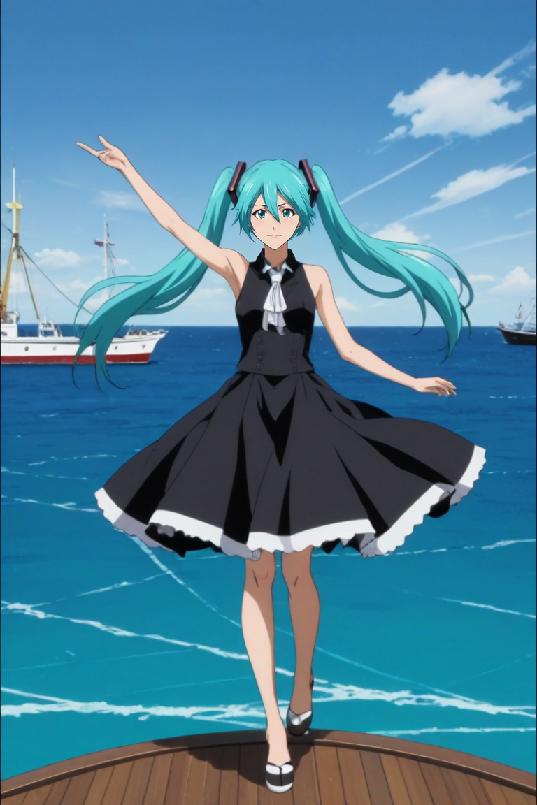 score_9, score_8_up, score_7_up, source_anime, rating_safe, , anime screencap, anime coloring, , , , 1girl, hatsune miku, aqua eyes, aqua hair, twintails, hair between eyes, long hair, solo, straight-on, full body, boat, ship, midnight, dancing, seductive smile, <lora:bleach_style_pony:0.98>, bleach_style, <lora:sdxl_lightning_8step_lora:1>