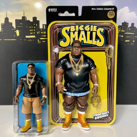 Biggie Smalls, A meticulously detailed, photo-realistic image of a Biggie Smalls, packaged in a vibrant box. The packaging prominently features a cartoon illustration of a man in a Biggie smalls gold chains on one side, characterized by exaggerated features and a signature expression. Beside the cartoon, a clear window panel reveals the action figure, a precise replica, with distinct detailing and accurate coloring. The figure's attire black shirt work boots, complete with miniature accessories. The background of the box displays elements symbolic of rap music, subtly enhancing the collectible's thematic appeal <lora:gonza:0.75>