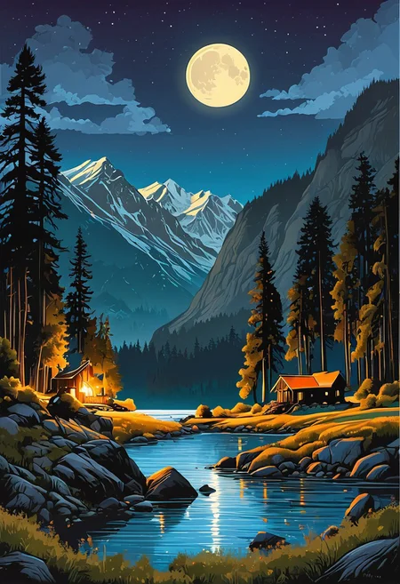 A captivating night scene illustration featuring a beautiful scene of the great out doors in the pacific northwest.. There are great mountains, pine forests, and rivers and some log cabions. It is an outdoorsman's dream. This enchanting artwork captures a serene and peaceful night, where the moon is just starting to rise over the beautiful landscape of The Pacific Northwest, creating a cinematic experience., illustration, cinematic
<lora:DonM3t3rn1tyXL-v1.1:0.7>, DonM3t3rn1tyXL,
OverallDetailXL <lora:MJ52:0.3> <lora:SDXLFaeTastic2400:0.4> <lora:EpicF4nta5yXL:0.7>