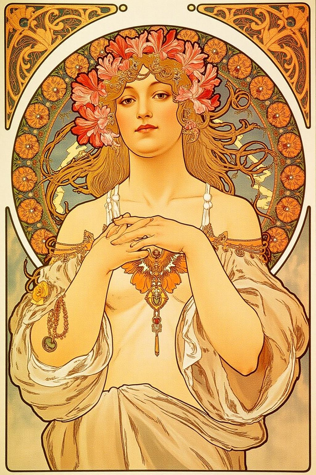 mucha1 illustration
A woman with a serene expression. She has long, flowing hair adorned with a wreath of flowers, primarily consisting of pink and orange blossoms, which also intertwine around her head and shoulders. <lora:mucha1_cap_d6a3e11:1.0><lora:822878183297674947:0>