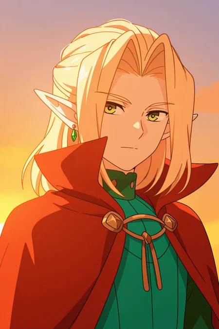 <lora:AcroTrip:1>, AcroTrip, 1boy, pointy ears, male focus, blonde hair, solo, green eyes, jewelry, earrings, elf, looking at viewer, upper body, cape, closed mouth, red cape, parted bangs, long hair, medium hair, high collar, bangs, sky, sunset,