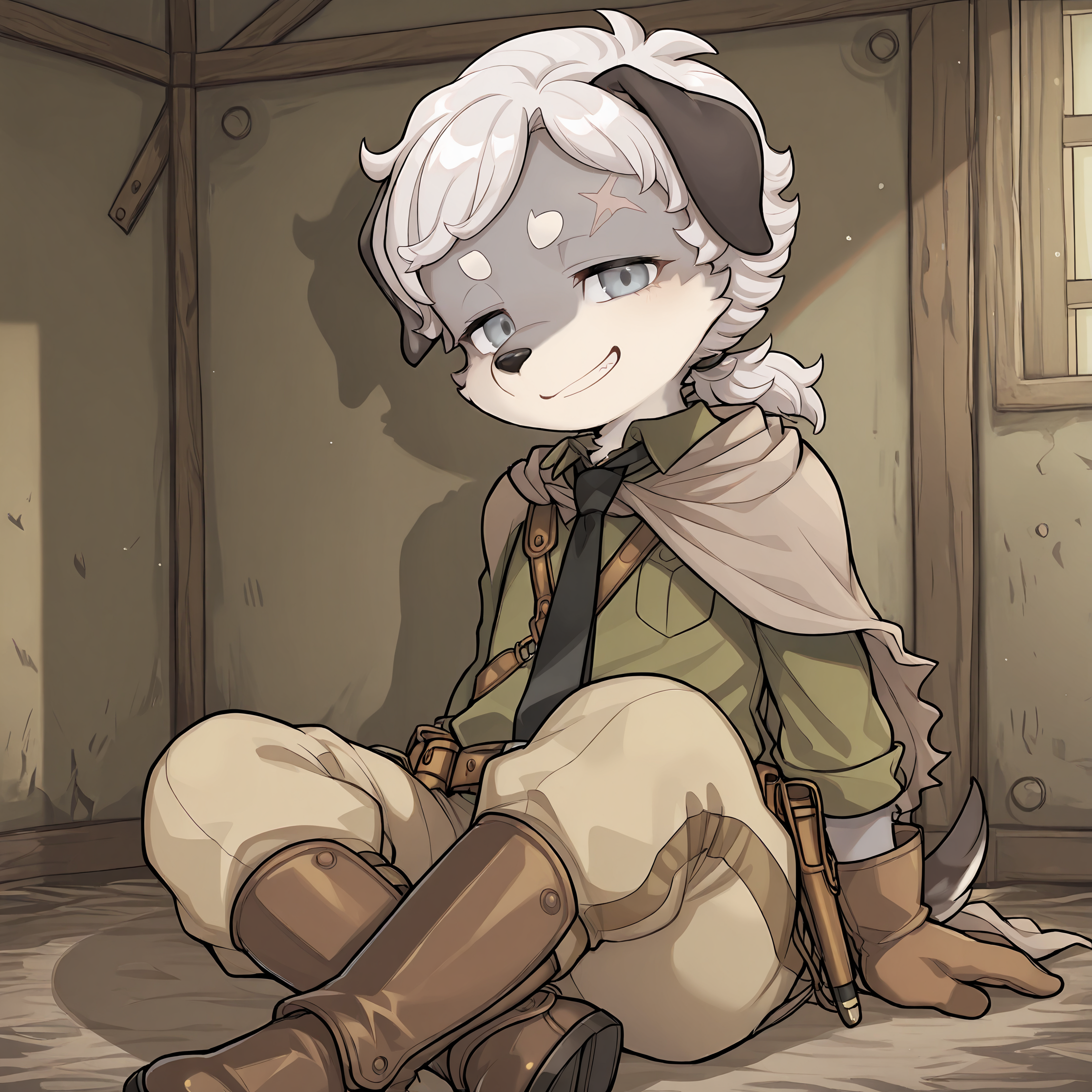 BREAK, <lora:Britz_Strudel:1>, britz strudel, fuga: melodies of steel, kemono, furry male, young male, 1boy, dog boy, grey fur, beige fur, multicolored fur, grey eyes, short hair, white hair, scar above right eye, animal ears, dog ears, floppy ears, dog tail, brown tail, Fuga 2 appearance, wavy hair, soft curls, ponytail
BREAK, Fuga 2 Outift, brown shoes, brown leg guards, khaki pants, olive green button-up shirt, rugged cape, beige cape, black necktie, brown gloves, utility belt, pouches,
BREAK, solo, inside, sitting, legs crossed, closed mouth, looking at viewer, head tilt, grin, smug,