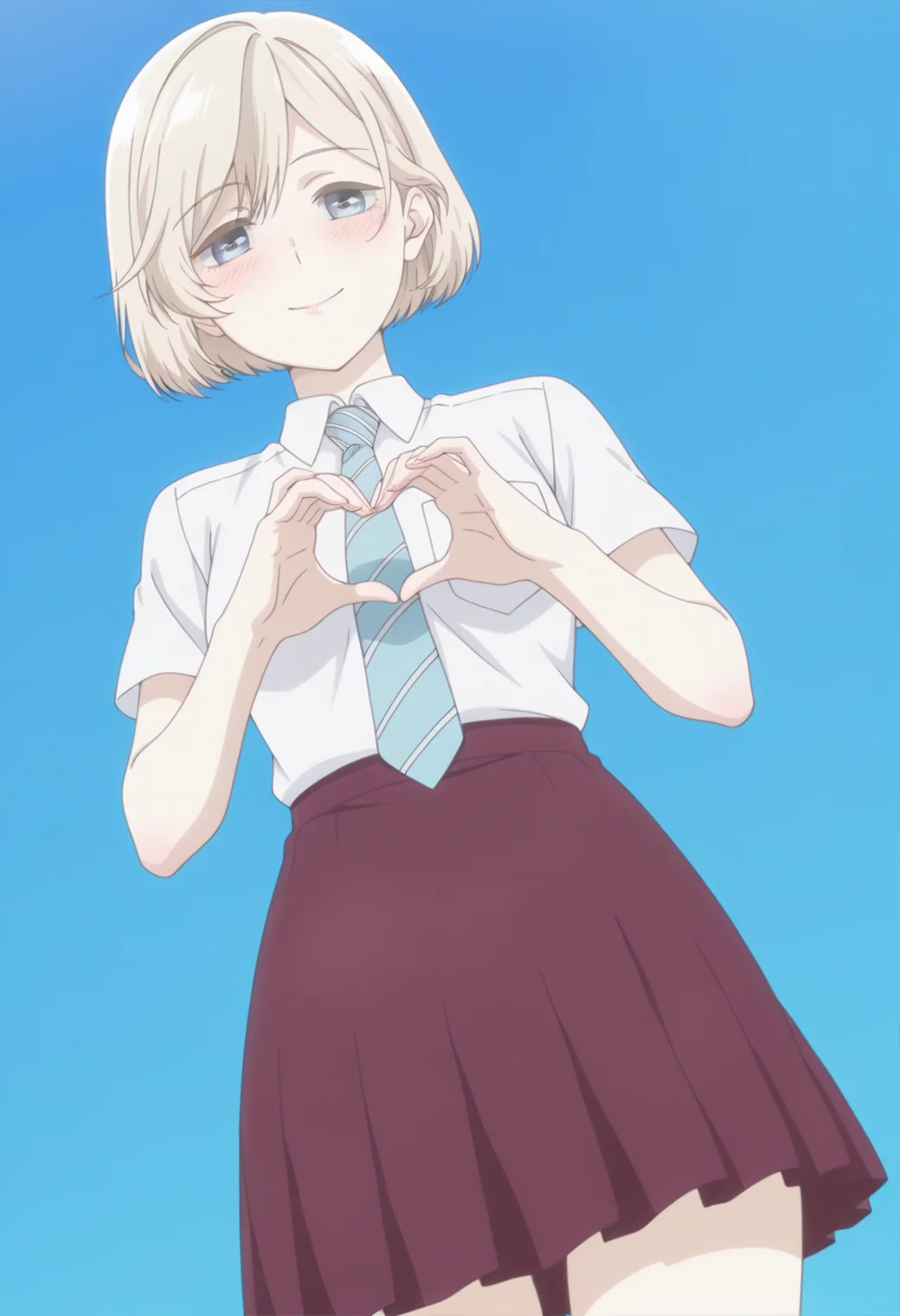 anime screencap, anime coloring, <lora:DX888Niina:1> sugawara niina, blue eyes, blonde hair, short hair, BREAK simple background,  blue background,  BREAK  school uniform, white shirt, striped necktie, skirt BREAK   1girl, blush, breasts, closed mouth, cowboy shot,  heart hands, solo, from below, dutch angle,smile,