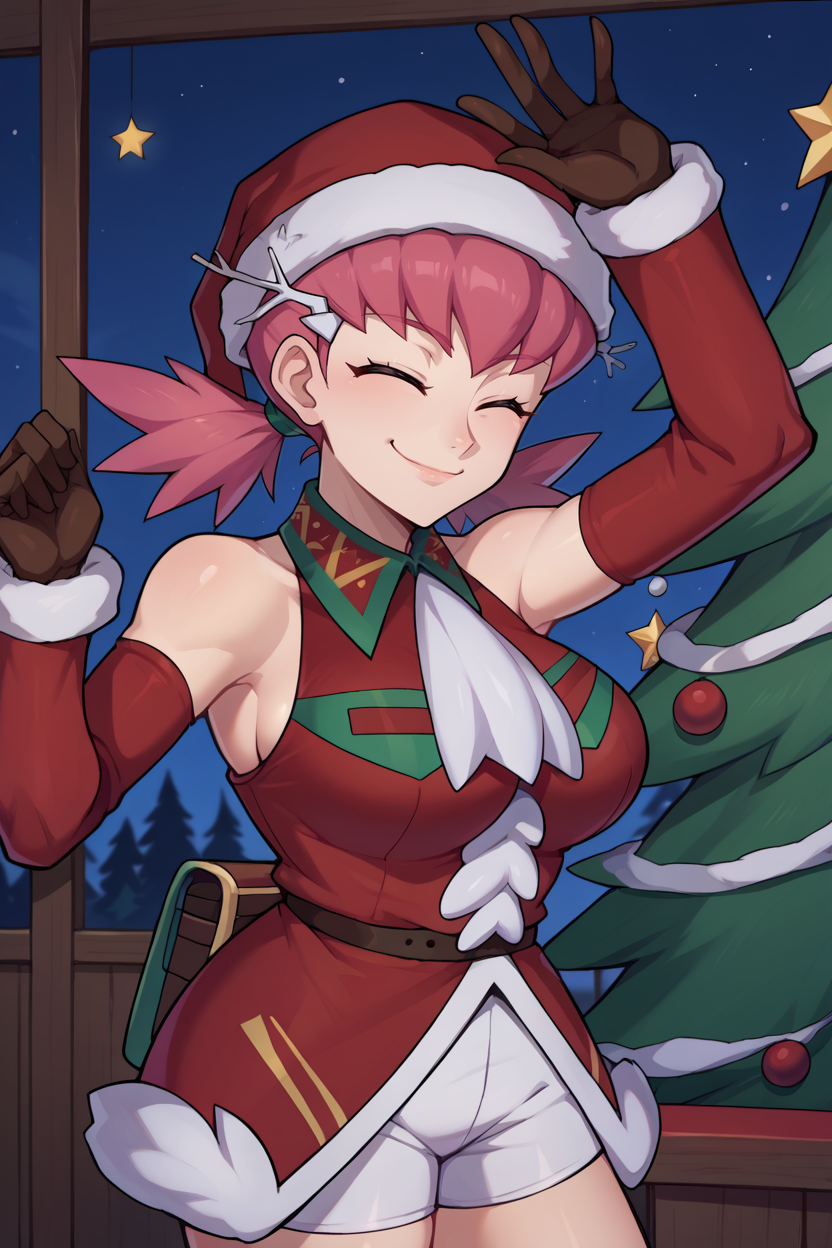 score_9, score_8_up, score_7_up, score_6_up, source_anime, BREAK 1girl, solo <lora:pkmnwhitney-pdxl-nvwls-v1-000004:1> xmasWhitney, pink hair, low twintails, santa hat, hair ornament, red coat, bare shoulders, detached sleeves, white ascot, fur trim, white shorts, brown gloves, (big breasts:0.7), raised arm, christmas tree, star, night, smile, closed mouth, closed eyes, from side