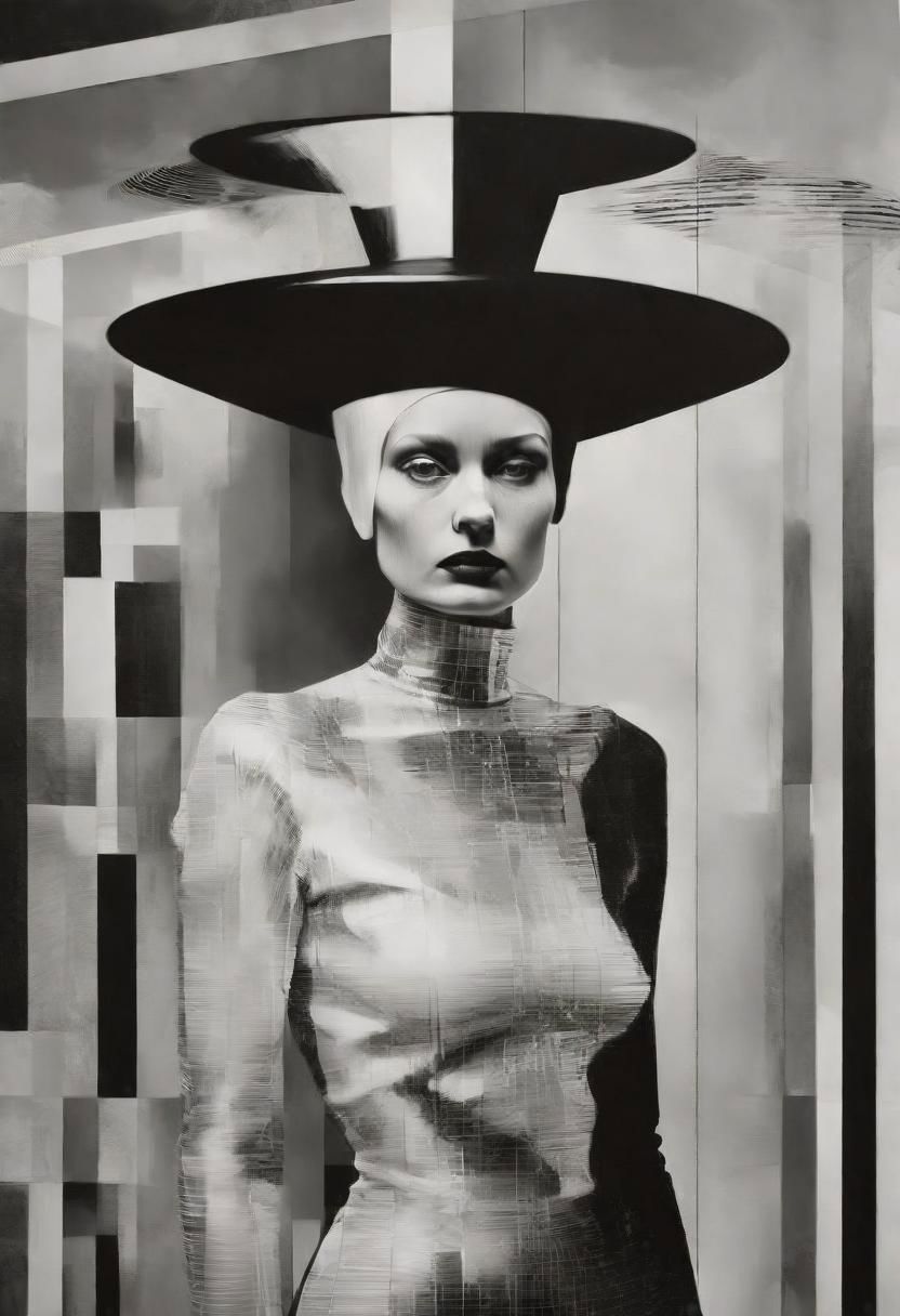Monochrome black and white, Dali, Magritte, Delvaux, Bellmer, Malevitch, Rodchenko, Mondrian, Kandinsky, Popovna, psychedelic hallucination, pop surrealism, rough crosshatch drawing pop art Lunatic_Portrait of a young woman in latex Avant-garde Fashion page, slick back, low bun, black makeup, sinister expression, intense glare, avant-garde, abstract, weird, geometric, constructivism, suprematism, rayonism, verticism, lineism, tj