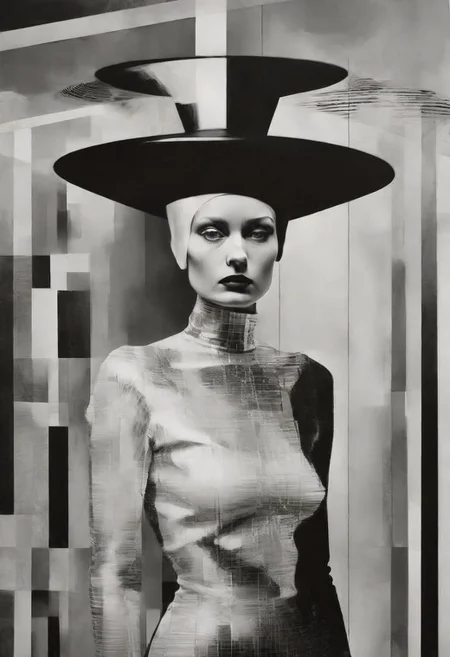 Monochrome black and white, Dali, Magritte, Delvaux, Bellmer, Malevitch, Rodchenko, Mondrian, Kandinsky, Popovna, psychedelic hallucination, pop surrealism, rough crosshatch drawing pop art Lunatic_Portrait of a young woman in latex Avant-garde Fashion page, slick back, low bun, black makeup, sinister expression, intense glare, avant-garde, abstract, weird, geometric, constructivism, suprematism, rayonism, verticism, lineism, tj