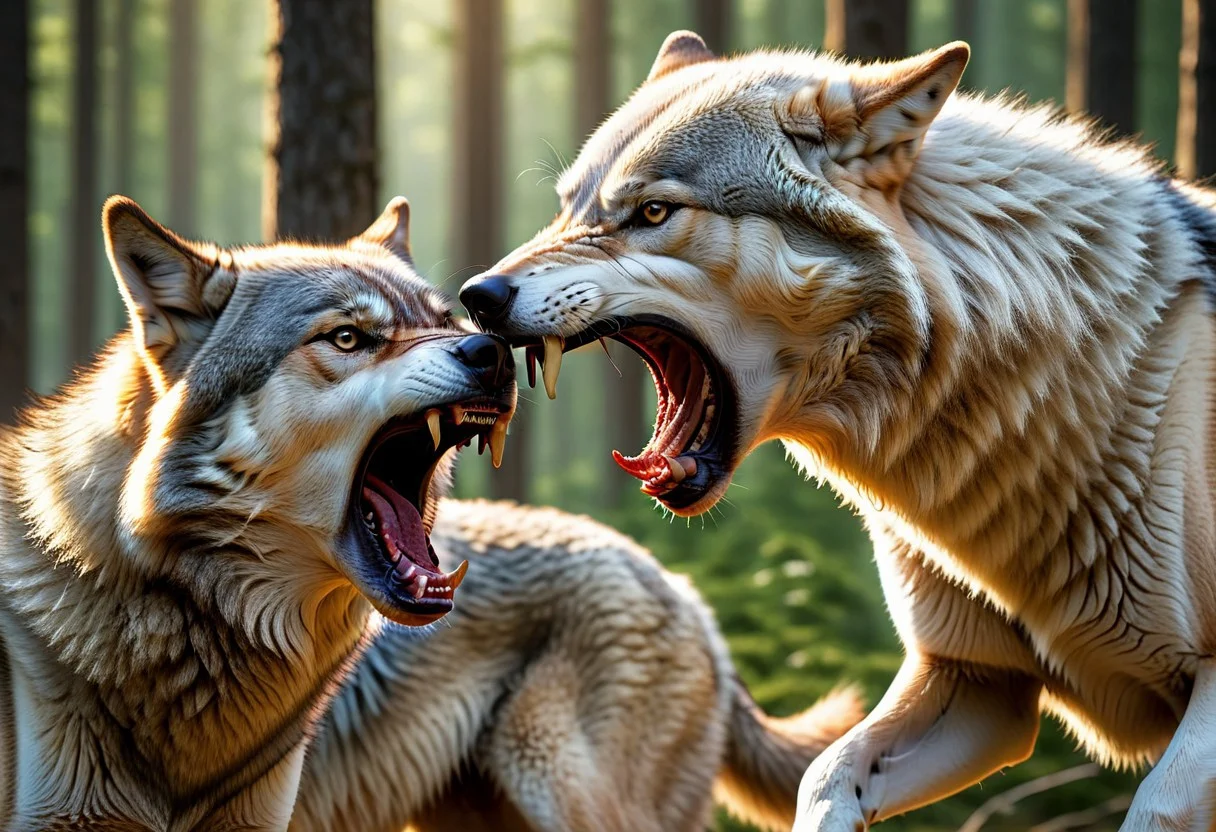 ultra-realistic rendering in phoro-realistic style with high quality, excellent resolution, clear, detailed and well-focused images, detailed and correct anatomy, depicting 2 huge ((wolf)) in a fierce battle for supremacy in the pack, ,blood in the mouth,aggressive behavior, rage, dynamic pose, disco style, sci-fi polar style, forest, golden hour lighting, head wounds, torn skin, teeth marks on bodies