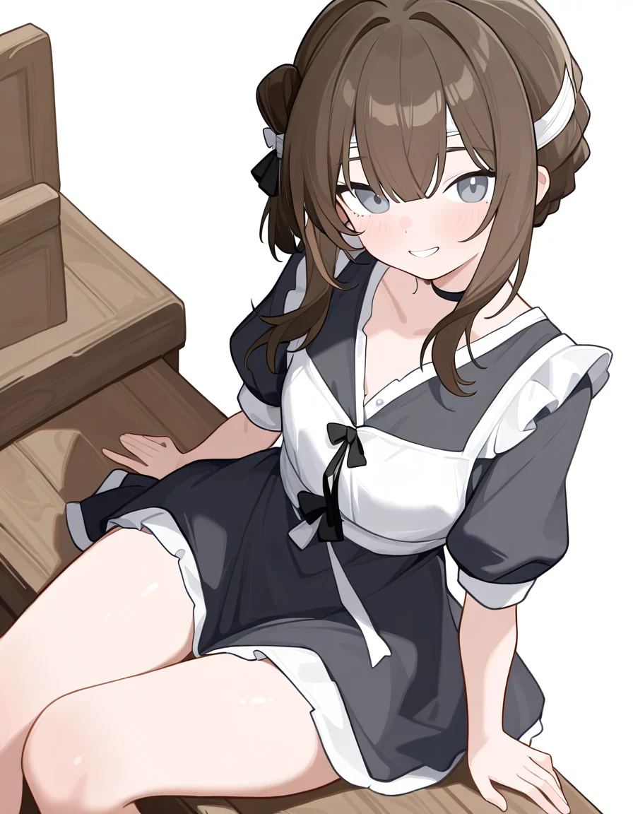 1girl,simple background,white background,cowboy shot,manshui,solo,(maid:1.1),looking at viewer,smile,<lora:manshui-000016:1>,medium hair,sitting,alternate costume,, masterpiece, best quality, very aesthetic, absurdres,newest, incredibly absurdres,