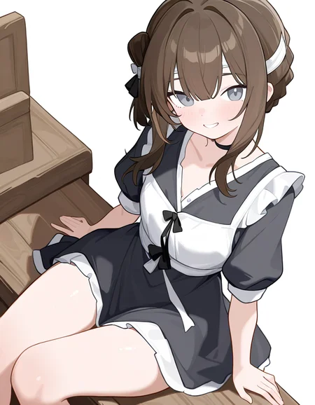1girl,simple background,white background,cowboy shot,manshui,solo,(maid:1.1),looking at viewer,smile,<lora:manshui-000016:1>,medium hair,sitting,alternate costume,, masterpiece, best quality, very aesthetic, absurdres,newest, incredibly absurdres,