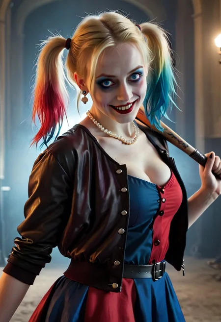 scary masterpiece, best quality, good quality, very aesthetic, absurdres, newest, detailed face, detailed eyes, cinematic lighting, perfect anatomy, dynamic angle, dutch angle, ((1girl, solo)), (Harley Quinn, short pigtails, black and red multicolored hair, blonde hair, red hair, blue hair, blue eyes, pale skin, makeup, eyeshadow, lipstick), looking at viewer, crazy grin, white teeth, bare shoulders, standing, dynamic pose, collarbone, solo, (black baseball jacket, multicoloured dress, red shirt, baseball bat, earrings, jewellery, necklace, pearl necklace), fancy, elegant, cool Lighting, cinematic atmosphere, shadowy lighting, Cinematic Lighting
