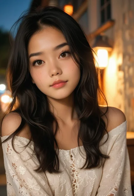 score_9, score_8_up, score_7_up, score_6_up, photo of pretty pinay, from front, below, close up, SkinHairDetail. volumetric lighting,
of one cute 22yo asian girl, solo, long hair, black hair, black hair, ((pretty face)), (beautiful face:1.0), ((cute face)),
red strapless dress, small natural breasts, sitting, shy, looking at viewer,
evening, night, scenic city scape, glowing beautiful face, sharp face focus, pretty brown eyes, mascara,
((full height view)), full bidy view,