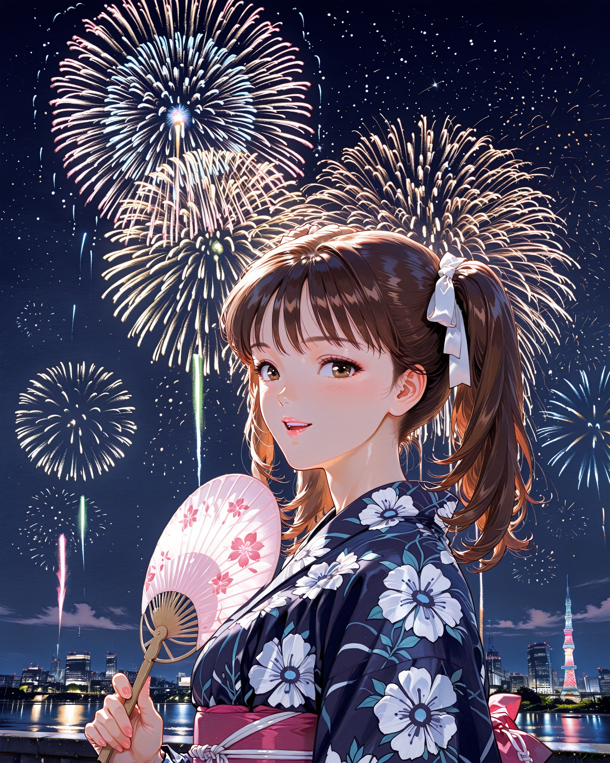 1girl,(Yoshizuki iori:0.8),solo,brown hair,twintails,white_hair_ribbon,<lora:Katsura Masakazu_illustriousXL_v2:0.8>,comic style,retro artstyle,traditional media,1990s \(style\),masterpiece,absurdres,very aesthetic,best quality,embarrass_smile,holding_fan,yukata,night,upper_body,looking_at_viewer,night_sky,<lora:hanabitaikai:0.8>,aerial fireworks,hanabitaikai,