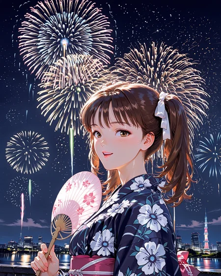 1girl,(Yoshizuki iori:0.8),solo,brown hair,twintails,white_hair_ribbon,<lora:Katsura Masakazu_illustriousXL_v2:0.8>,comic style,retro artstyle,traditional media,1990s \(style\),masterpiece,absurdres,very aesthetic,best quality,embarrass_smile,holding_fan,yukata,night,upper_body,looking_at_viewer,night_sky,<lora:hanabitaikai:0.8>,aerial fireworks,hanabitaikai,