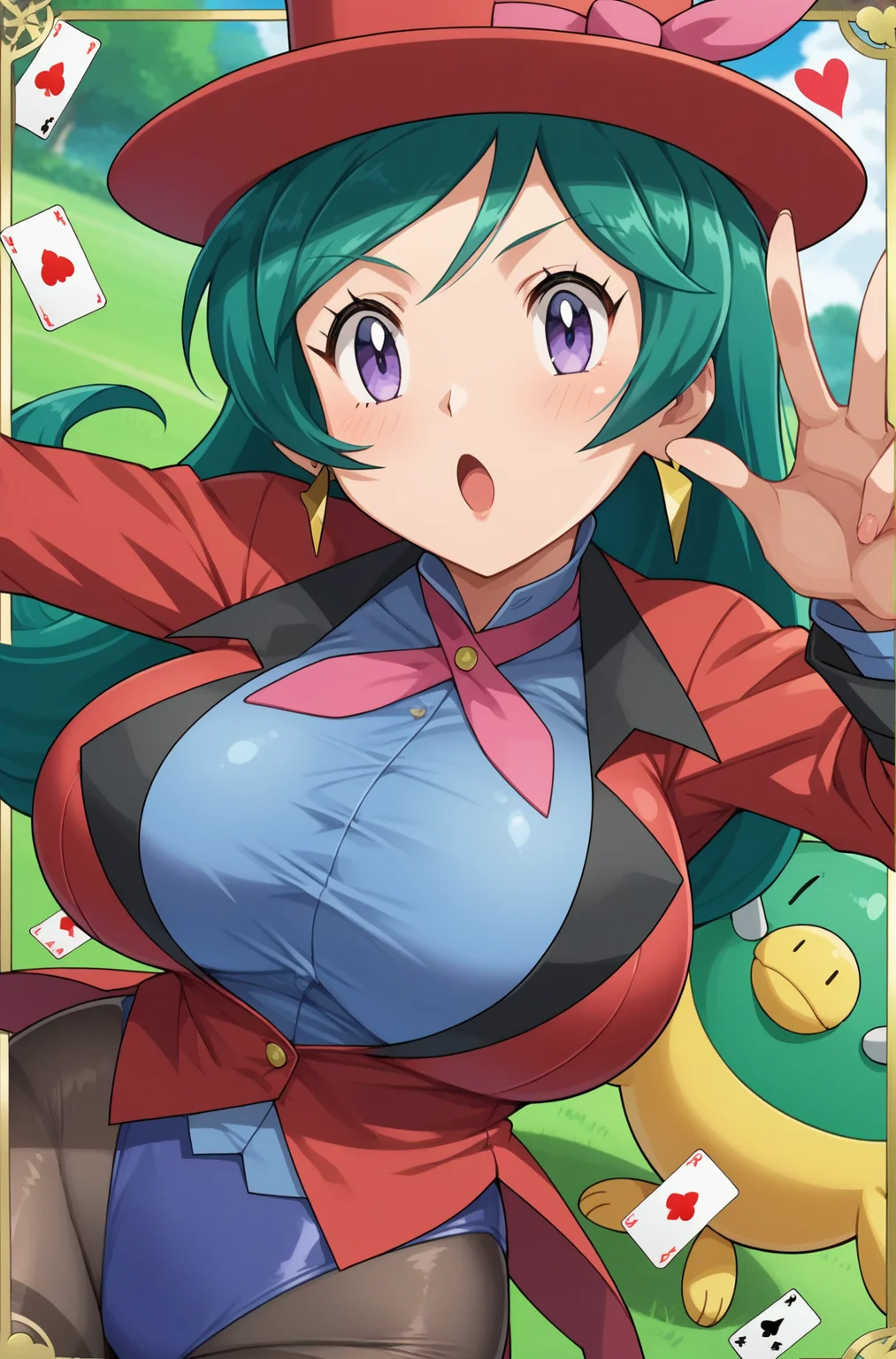 score_9, score_8_up, score_7_up, source anime, anime, animification, anime screencap, anime coloring, vivid colors, shiny skin, skindentation, deep skin, depth of field, high quality, highres, (dynamic angle,dynamic pose),
francesca \(pokemon\), 1girl, solo, long hair, large breasts, jewelry, purple eyes, pantyhose, earrings, green hair, leotard, card, blue leotard, playing card, hat, tailcoat, pokemon \(creature\)
BREAK
masterpiece,high quality
<lora:Francesca_XL:0.9>
