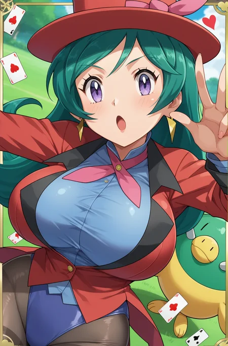 score_9, score_8_up, score_7_up, source anime, anime, animification, anime screencap, anime coloring, vivid colors, shiny skin, skindentation, deep skin, depth of field, high quality, highres, (dynamic angle,dynamic pose),
francesca \(pokemon\), 1girl, solo, long hair, large breasts, jewelry, purple eyes, pantyhose, earrings, green hair, leotard, card, blue leotard, playing card, hat, tailcoat, pokemon \(creature\)
BREAK
masterpiece,high quality
<lora:Francesca_XL:0.9>