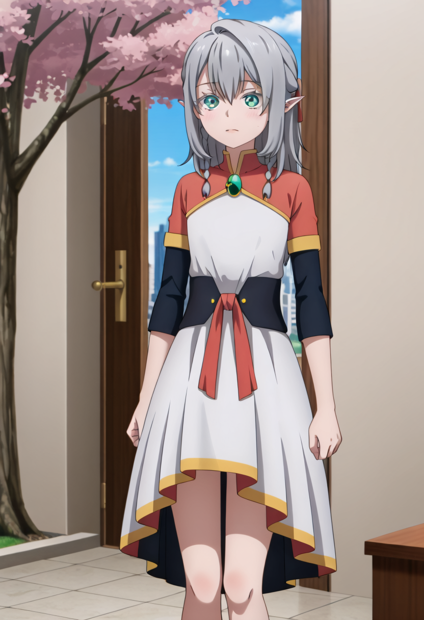 <lora:Young Tessia_IL:1>Young Tessia, 1girl, gray hair, pointed ears, elf, green eyes, white asymmetrical dress with yellow trim, red sash waist tie, black long-sleeve undershirt, green gem pendant necklace, white thigh-high socks, black crisscross strap shoes
 Cherry blossom trees in front of a city hotel
