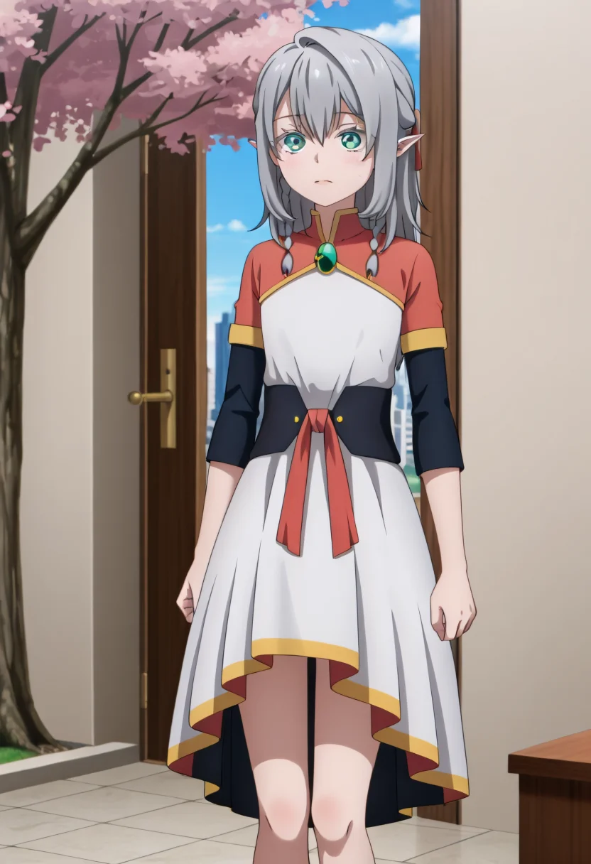 <lora:Young Tessia_IL:1>Young Tessia, 1girl, gray hair, pointed ears, elf, green eyes, white asymmetrical dress with yellow trim, red sash waist tie, black long-sleeve undershirt, green gem pendant necklace, white thigh-high socks, black crisscross strap shoes
 Cherry blossom trees in front of a city hotel