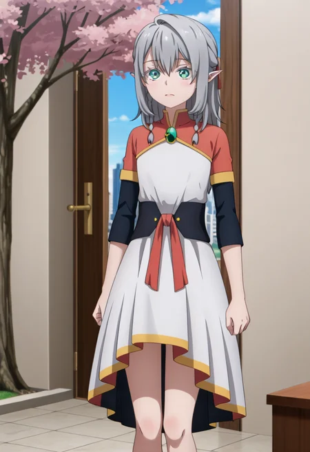 <lora:Young Tessia_IL:1>Young Tessia, 1girl, gray hair, pointed ears, elf, green eyes, white asymmetrical dress with yellow trim, red sash waist tie, black long-sleeve undershirt, green gem pendant necklace, white thigh-high socks, black crisscross strap shoes
Cherry blossom trees in front of a city hotel