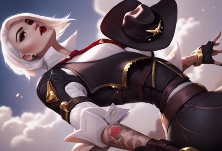 8k resolution, core_9, score_8_up, score_7_up, Ashe (overwatch), beautiful breast, beautiful girl, lifting_breasts, sexy pose, large angle, wide angle, photorealism, photorealistic, (shiny skin: 0.5), ruanyi0481, dark-red eyes, original costume, hat, necktie, cowboy hat, white shirt, jewelry, earrings, black vest, fingerless gloves, black pants, belt, boots, makeup, lipstick, tattoo, shaft head tilt, head down,