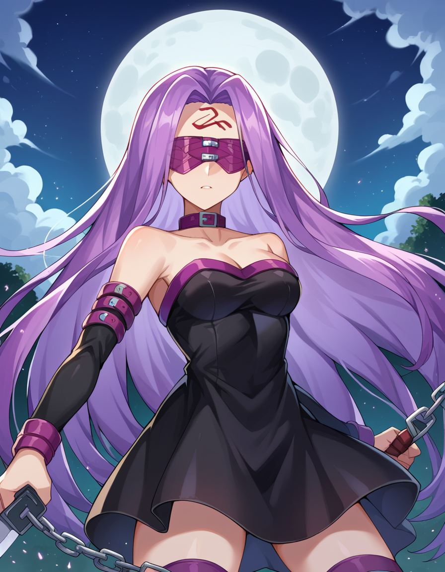 score_9, score_8_up, score_7_up, source_anime,
medusarider, <lora:medusa-rider-ponyxl-lora-nochekaiser:1>,
medusa rider, long hair, very long hair, purple hair, facial mark, forehead mark,
thighhighs, dress, cleavage, bare shoulders, detached sleeves, black dress, collar, strapless, strapless dress, blindfold,
outdoors, night, night sky, moon, clouds,
looking at viewer, cowboy shot, dutch angle, fighting stance, weapon, chain, knife,