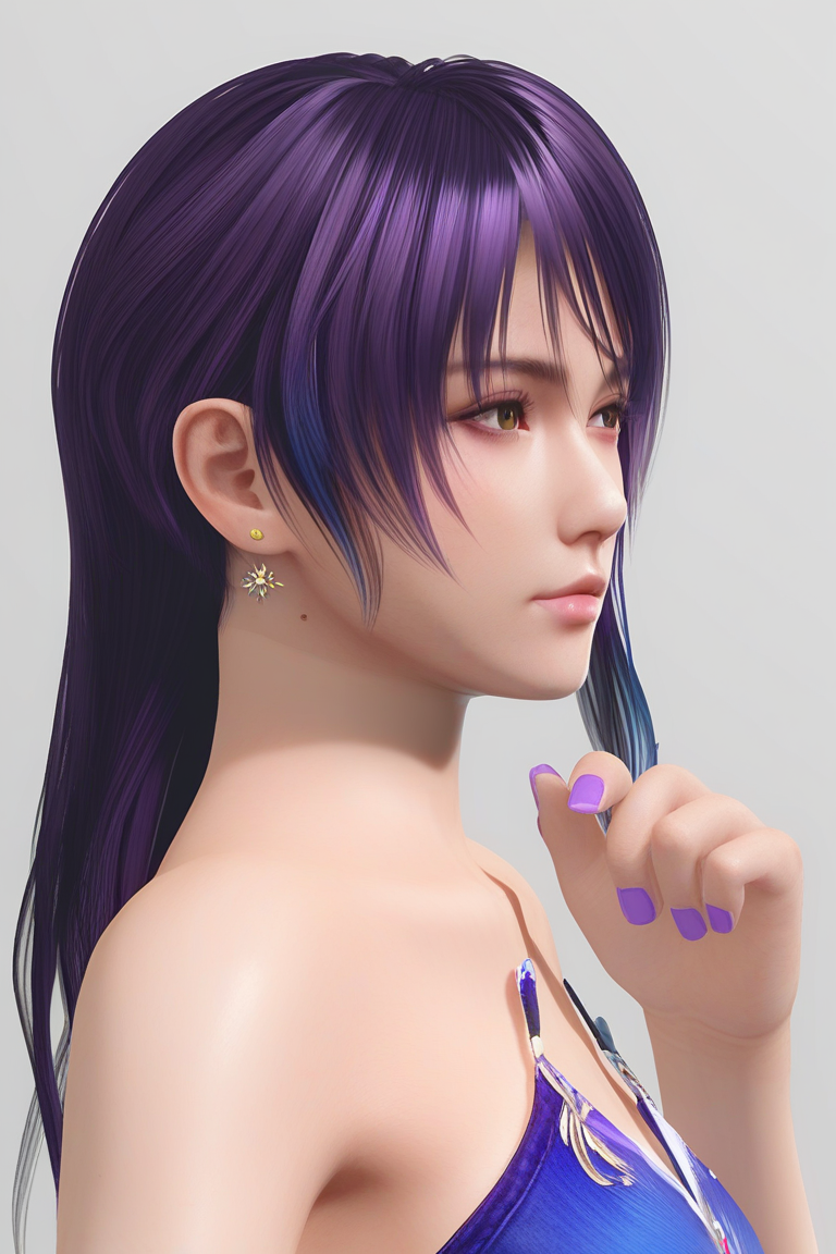 score_9,score_8,score_7_up,ultra detailed,realistic,
shandy \(doa\), 1girl, solo, looking to the side, closed mouth, hand up, clenched hand, purple hair, long hair, swept bangs, asymmetrical hair, single sidelock, purple-blue gradient sidelock, ((mole under ear)), bare shoulders, collarbone, purple nails, nail polish, 
from side,close-up, portrait, 
back lighting,dark background,
 <lora:doa_shandy_pdxl_v16:0.85>