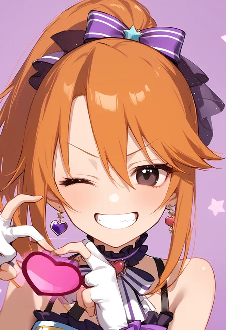 1girl,
yuuki haru,
heart, hands up, solo, smile, heart hands, black eyes, light blush, choker, grin, bow, bare shoulders, hair ornament, blush, jewelry, fingerless gloves, frills, earrings, orange hair, idol clothes, white gloves, looking at viewer, gloves, purple choker, ponytail, v-shaped eyebrows, frilled choker, single fingerless glove, upper body, one eye closed, purple background, star \(symbol\),
sfw
<lora:a31_char_new_yuuki_haru-000014:1> <lora:a31_style_koni-000010:0.8>