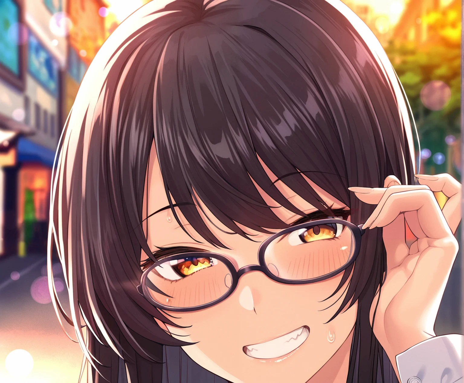 best quality, amazing quality, masterpiece, anime, 1girl, portrait, close-up, stylish glasses, black hair,