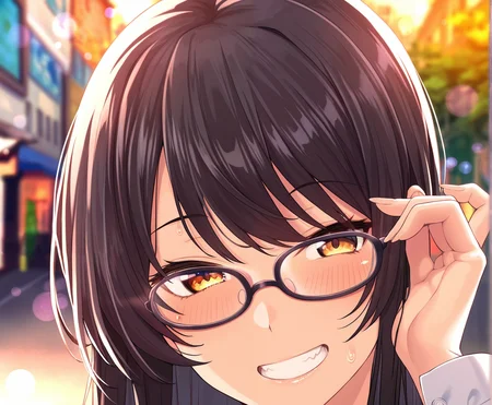 best quality, amazing quality, masterpiece, anime, 1girl, portrait, close-up, stylish glasses, black hair,