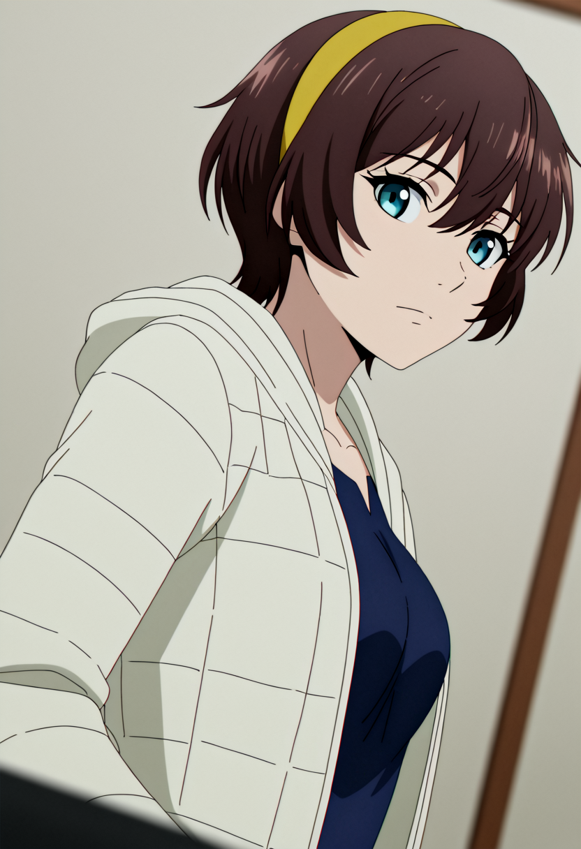 <lora:Yuu_IL_V3:0.9>,masterpiece, best quality, newest, highres, absurdres,no lineart, no outline, detailed, looking at viewer, solo, chromatic aberration, white theme ,limited palette,tenebrism,close up, depth of field.,
Yuu_WhiteJacket, 1girl, brown short hair, hair between eyes, blue eyes, medium breasts, yellow hairband, jacket, long sleeves, hood,