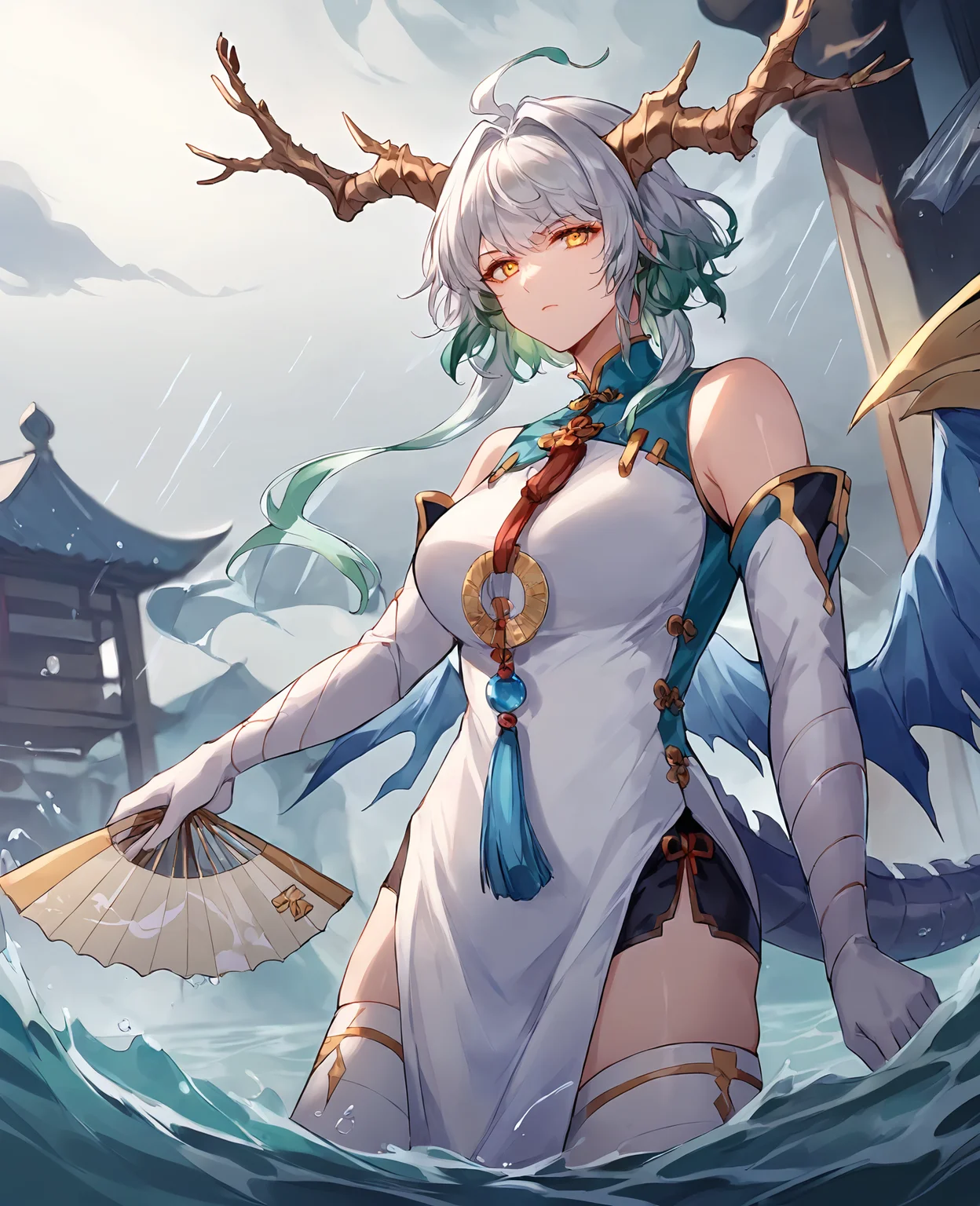 score_9,score_8_up,score_7_up,source_anime,rating_safe BREAK masterpiece,highres,best quality,high quality,dramatic angle,cinematic lighting,1girl,<lora:ShadowverseSilong_Pony_V2:0.86>,white hair,braids,gradient hair,horns,yellow eyes,white china dress,gold trim,tassel,elbow gloves,bare shoulders,thighhighs,decorations,wading,wave,rain,raindrop,heavy rain,dark clouds,lightning,thunder cloud,serious,expressionless,water magic,holding fan,handfan,low wings,depth of field,shaded face,watson cross,close-up,portrait,huge fan,waves,tall wave,wave like the end of world,tsunami,grasp,<lora:add-detail-xl:0.43>,<lora:flat_sdxl:-0.68>,casting magic,dynamic angle,
