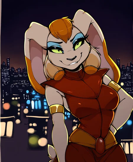 masterpiece, highly detailed, solo, mirage, red clothes, uraeus, vanilla the rabbit, anthro, female, lagomorph, leporid, sega, eyeshadow, green sclera, smirk, looking at viewer, cityscape, night, by niis, <lora:MirageXL_03-Noob-nd32-na32-lr2-ep17:1>
