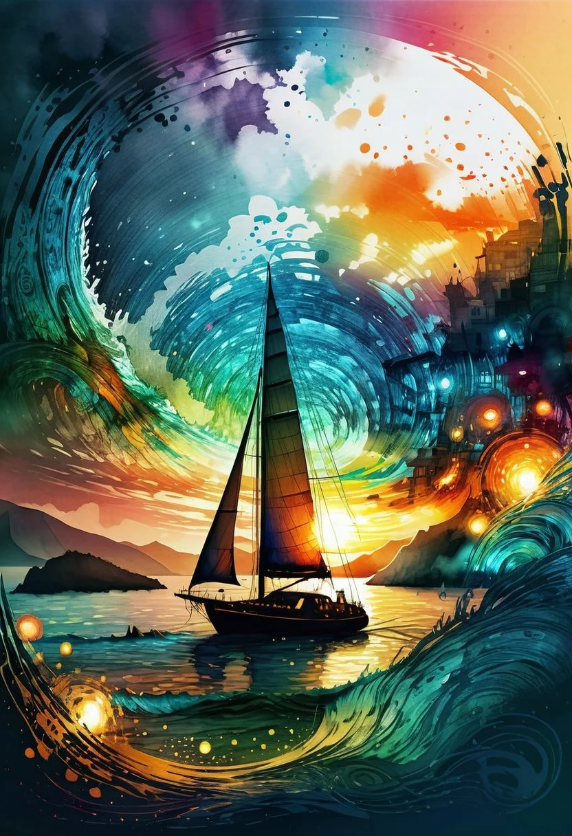 Beautiful sailboat on sparkling waters at a tropical beach, Sunset, girls swimming, Digital watercolor Illustration of a SummerScape sunset, by Waterhouse, Carne Griffiths, Minjae Lee, Ana Paula Hoppe, Stylized watercolor art, Intricate, Complex contrast, HDR, Sharp, soft Cinematic Volumetric lighting, flowery pastel colors, wide long shot, perfect masterpiecedetailed matte painting, deep color, fantastical, intricate detail, splash screen, complementary colors, fantasy concept art, 8k resolution trending on Artstation Unreal Engine 5, SoraSleepAI, Circle