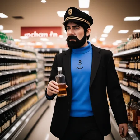 cinematic photo full body portrait robotic man , black hair, blue shirt, blush, black pants, facial hair, hat, buying alcohol in a grocery store <lora:Haddock1024:0.8> . 35mm photograph, film, bokeh, professional, 4k, highly detailed