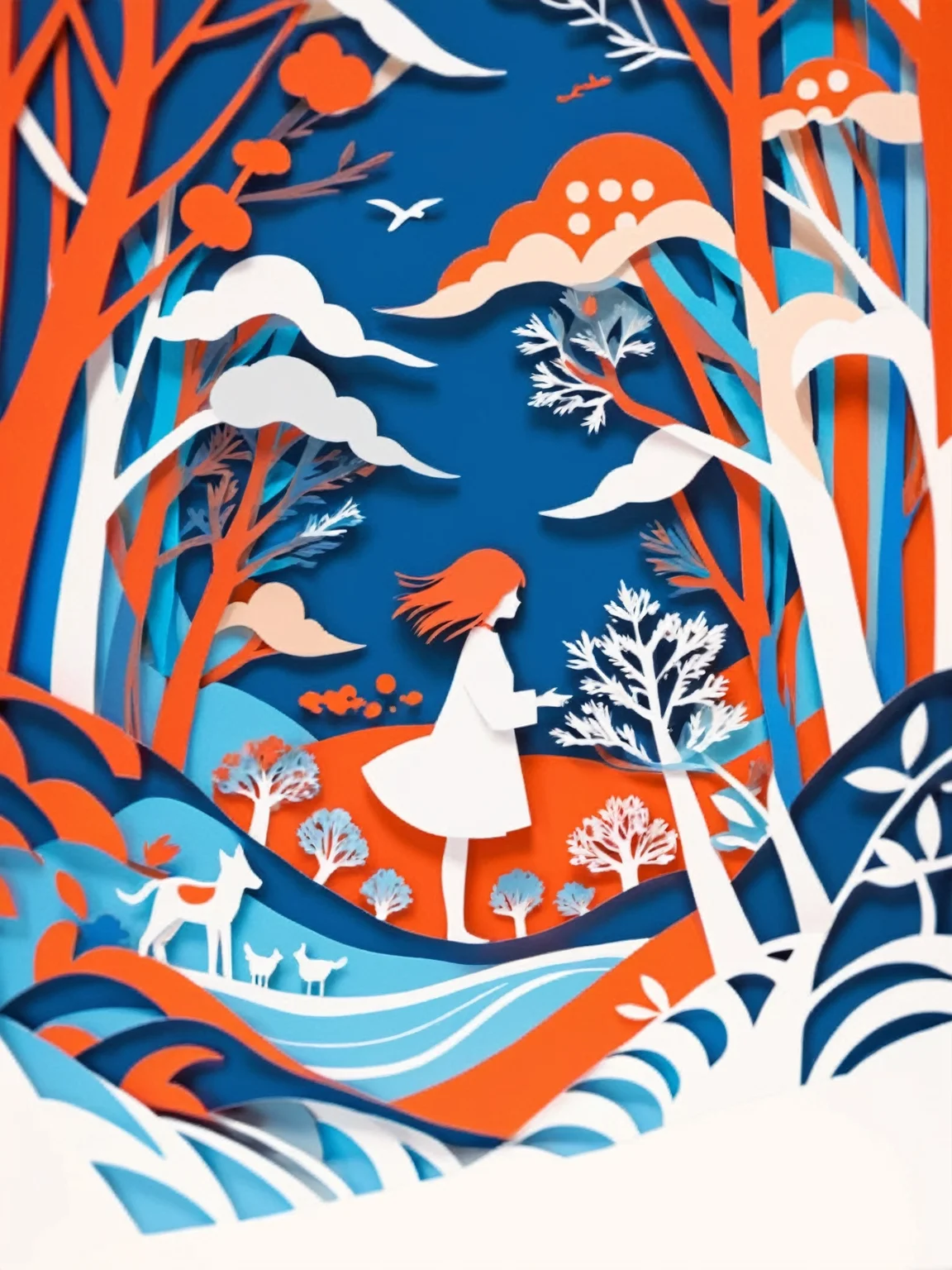 1girl,   Illustrate a scene in the style of paper cutouts, with layered silhouettes, intricate patterns, and a sense of depth.