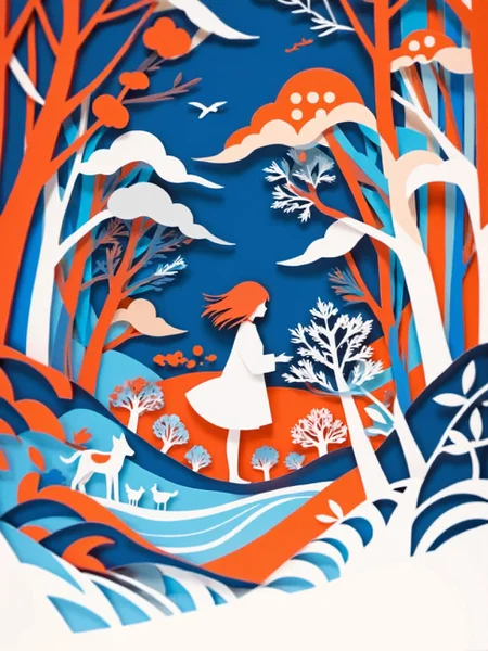 1girl, Illustrate a scene in the style of paper cutouts, with layered silhouettes, intricate patterns, and a sense of depth.