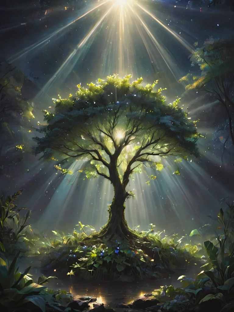 letitflrsh, (let it flourish:1.3), universe, god rays, vegetation, illumination, atmospheric, scale, order, healing, hope, depressive, calmcomposition, detailed, faint, <lora:- SDXL - letitflrsh_let_it_flourish_V1.0-000005:.9>