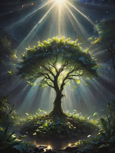 letitflrsh, (let it flourish:1.3), universe, god rays, vegetation, illumination, atmospheric, scale, order, healing, hope, depressive, calmcomposition, detailed, faint, <lora:- SDXL - letitflrsh_let_it_flourish_V1.0-000005:.9>