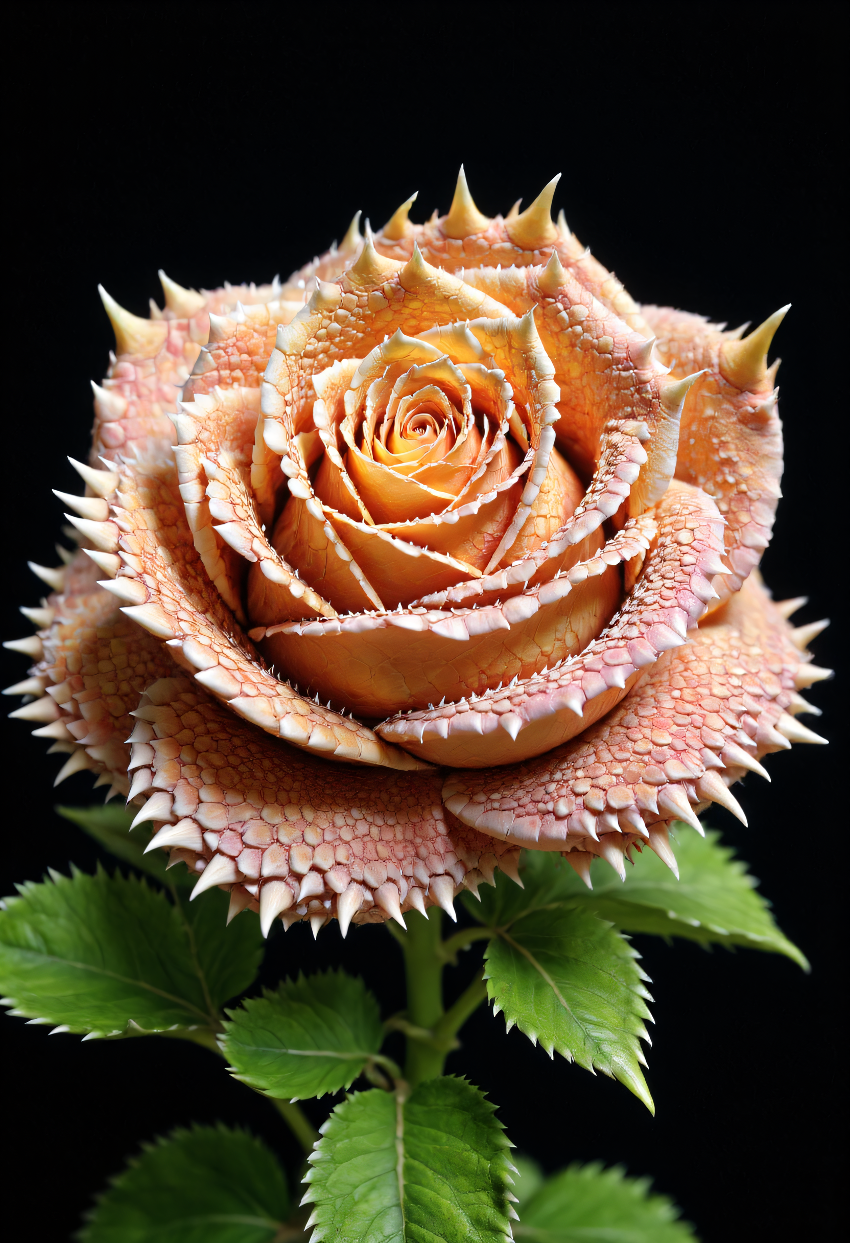 The image is a high-resolution photograph showcasing a unique rose. The rose has striking, textured petals resembling a crocodile skin pattern in shades of pink and yellow, giving it a rugged, exotic appearance.