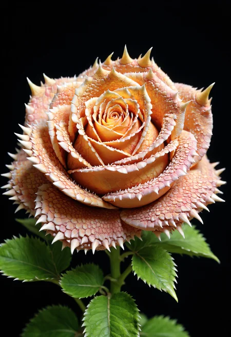 The image is a high-resolution photograph showcasing a unique rose. The rose has striking, textured petals resembling a crocodile skin pattern in shades of pink and yellow, giving it a rugged, exotic appearance.
