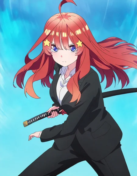 masterpiece, best quality, newest, absurdres, highres, safe,, <lora:itsuki-nakano-s2-ponyxl-lora-nochekaiser:1>, itsuki nakano, bangs, long hair, blue eyes, hair between eyes, ahoge, red hair, star (symbol), hair ornament, star hair ornament, large breasts, anime screencap, <lora:battoujutsu-stance-illustriousxl-lora-nochekaiser:1>, battoujutsu stance, looking at viewer, holding, weapon, sword, holding weapon, holding sword, standing, katana, sheath, sheathed, fighting stance, ready to draw, shirt, long sleeves, jacket, white shirt, necktie, collared shirt, pants, black jacket, floating hair, black pants, formal, suit, black necktie, black suit, pant suit,, ,