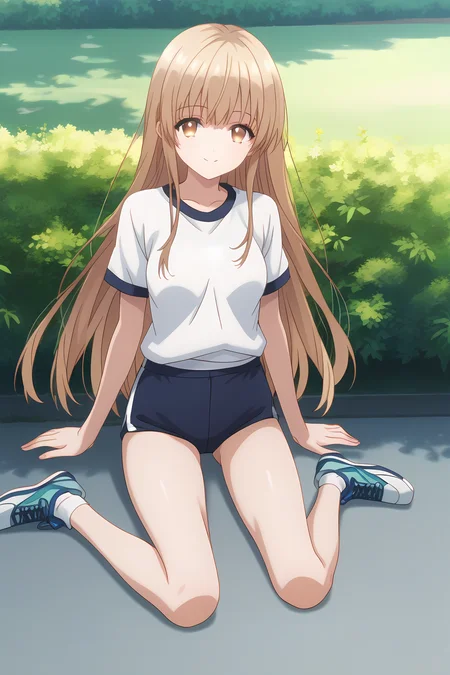 gym clothes, an-mahiru, medium breasts, 1girl, solo, skinny, masterpiece, high quality, (full body|sitting|standing|lying), outdoors, happy, score_9, score_8_up, score_7_up, source_anime, anime, anime style, long hair <lora:an-mahiru-pony-V01-000004:0.80>
