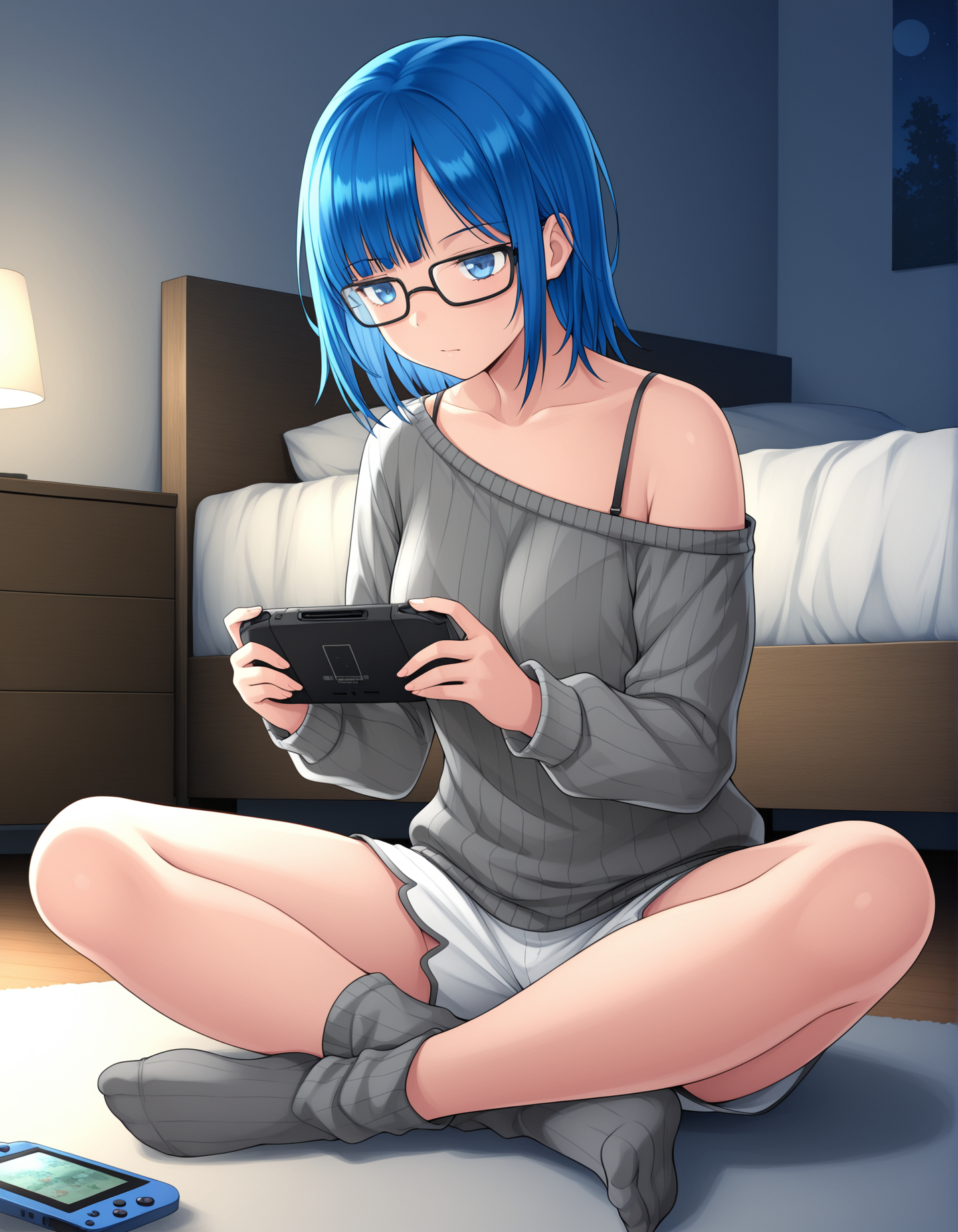 masterpiece,best quality, absurdres, highres,  <lora:Nikki Illu:0.9> nikkiillu, glasses, grey sweater, off shoulder, white shorts, bra strap, solo, gameboy, bedroom, sitting, indian style, playing games, grey socks