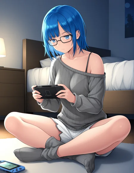 masterpiece,best quality, absurdres, highres, <lora:Nikki Illu:0.9> nikkiillu, glasses, grey sweater, off shoulder, white shorts, bra strap, solo, gameboy, bedroom, sitting, indian style, playing games, grey socks