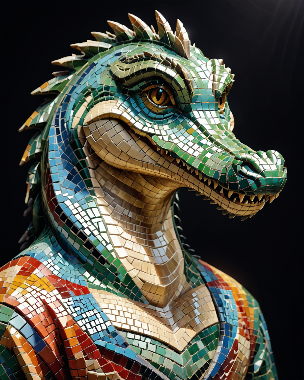 score_9, score_8_up, score_7_up, intricate details, rating_safe,
 <lora:MosaicStyle:1>,
1boy(Mosaic, made from colored stone pieces, 
crocodile, 
full body, looking at the viewer, solo, smiling), black background, 
<lora:ral-chrosc-clr:0.3>, ral-chrosc-clr,
<lora:xl_more_art-full_v1:0.3>,
<lora:add-detail-xl:0.3>