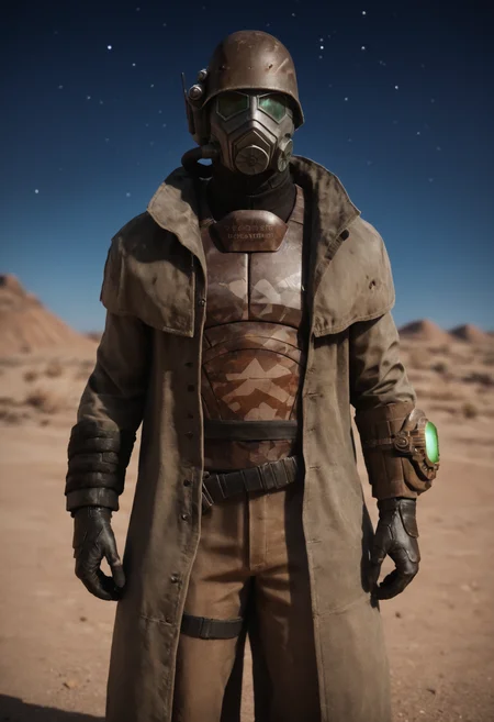 (score_9, score_8_up:1.1), score_7_up, realistic photograph
d3sertranger, helmet, 1boy, (muscular), black gloves, gas mask, front view, night starry_sky desert, <lora:desert_ranger_v1.1.6_pony:1>