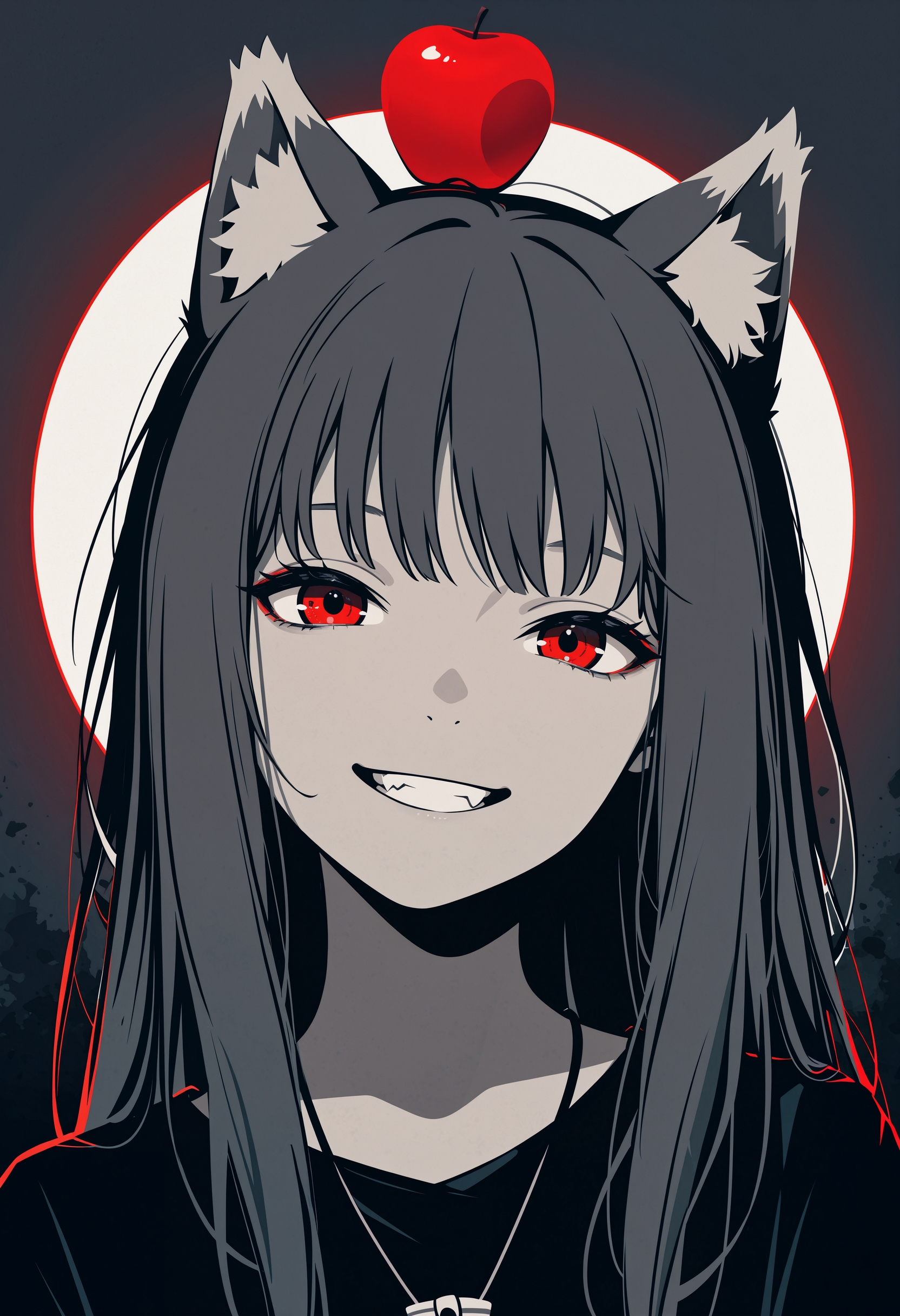 masterpiece, best quality, amazing quality, very aesthetic, absurdres, newest, cvle01, 1girl, solo, (minimalism:1.2), flat-colors, flat-shading, monochrome, spot-color, holo, spice-and-wolf, wolf-ears, wolf-tail, red-eyes, smile, grin, head-tilt, apple-theme, facing-viewer, portrait, abstract-background, two-tone-background, gradient-background, detailed hair, volumetric lighting, realistic-lighting,