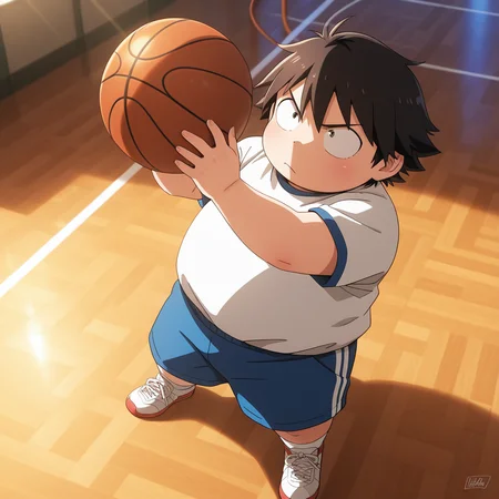 (deep contrast, luminous lighting, cinematic ambiance, best quality, colorful, masterpiece, detailed_background), (sanpaku), BREAK <lora:haruhi-v2:0.9> (awharuyukia), (aged_up:0.5), chubby, 1boy, basketball, gym uniform, from above, holding ball, dynamic pose, dynamic angle, serious,