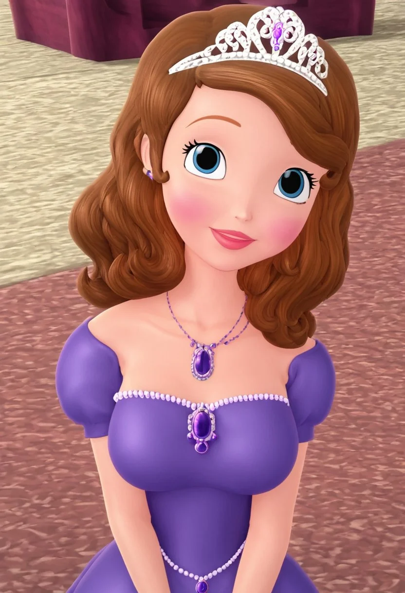Sofia_The_First, 1girl, brown hair, blue eyes, purple dress, long dress,, tiara, necklace, mature female, large breasts, high heels, background near castle, tall